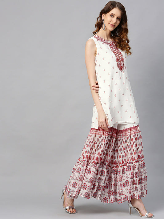 Juniper Womens Maroon Embroidered And Printed Kurta Sharara Dupatta Set | Swadesiicart