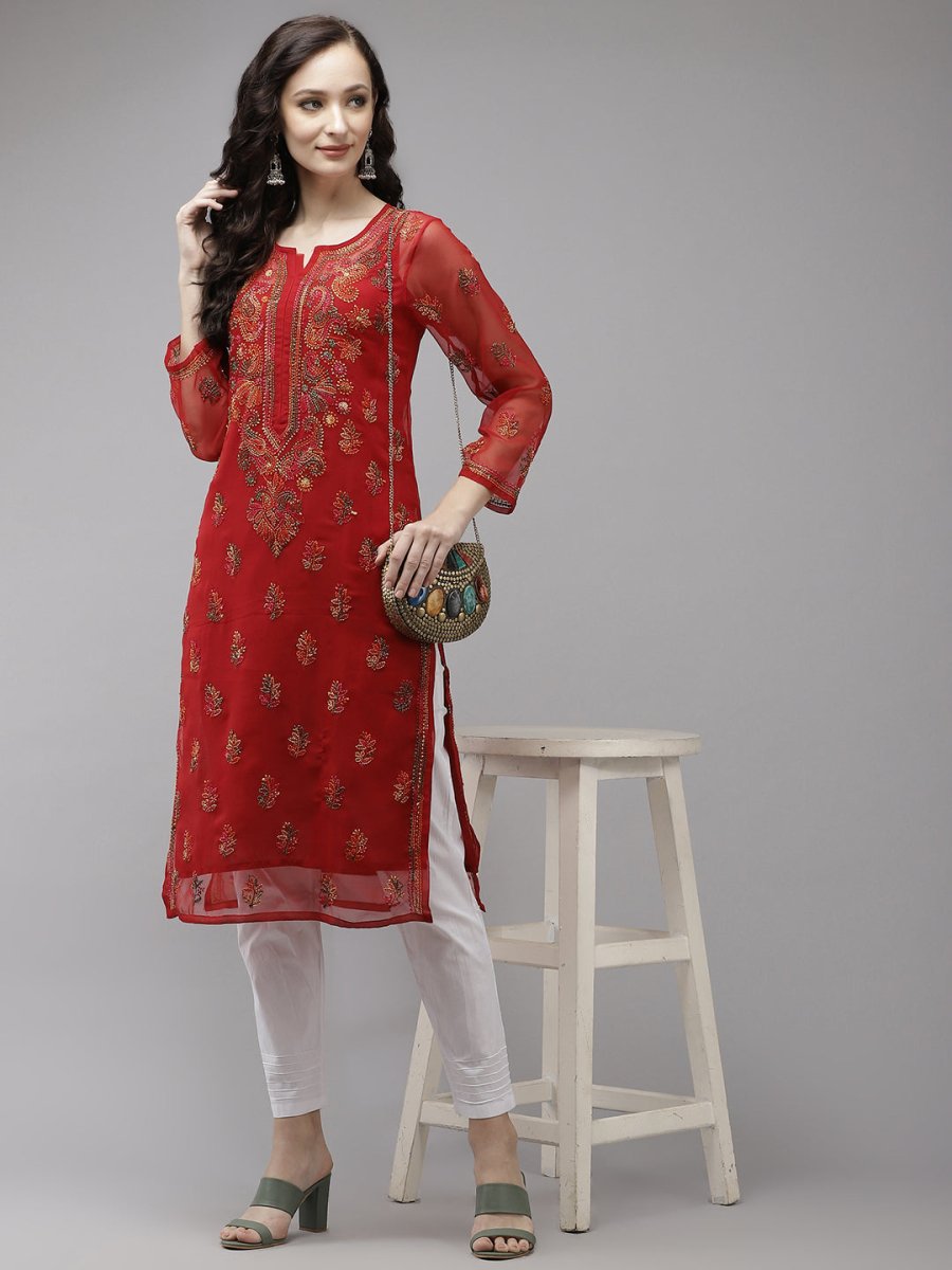 ADA Women Red Embroidered Regular Chikankari Kurta with Trousers | Swadesiicart