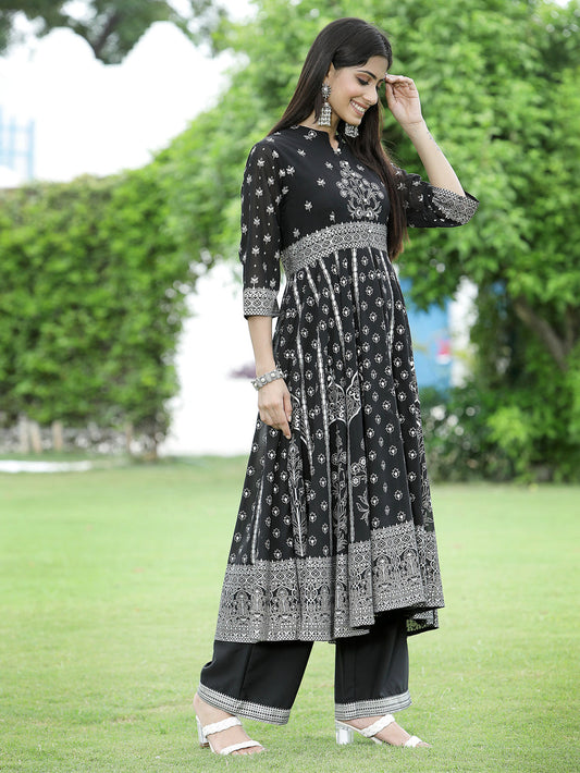Juniper Women's Black Georgette Printed Anarkali Kurta Sets | Swadesiicart