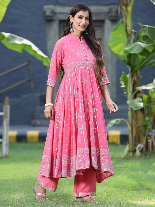 Juniper Women's Coral Georgette Printed Anarkali Kurta Sets - Swadesiicart