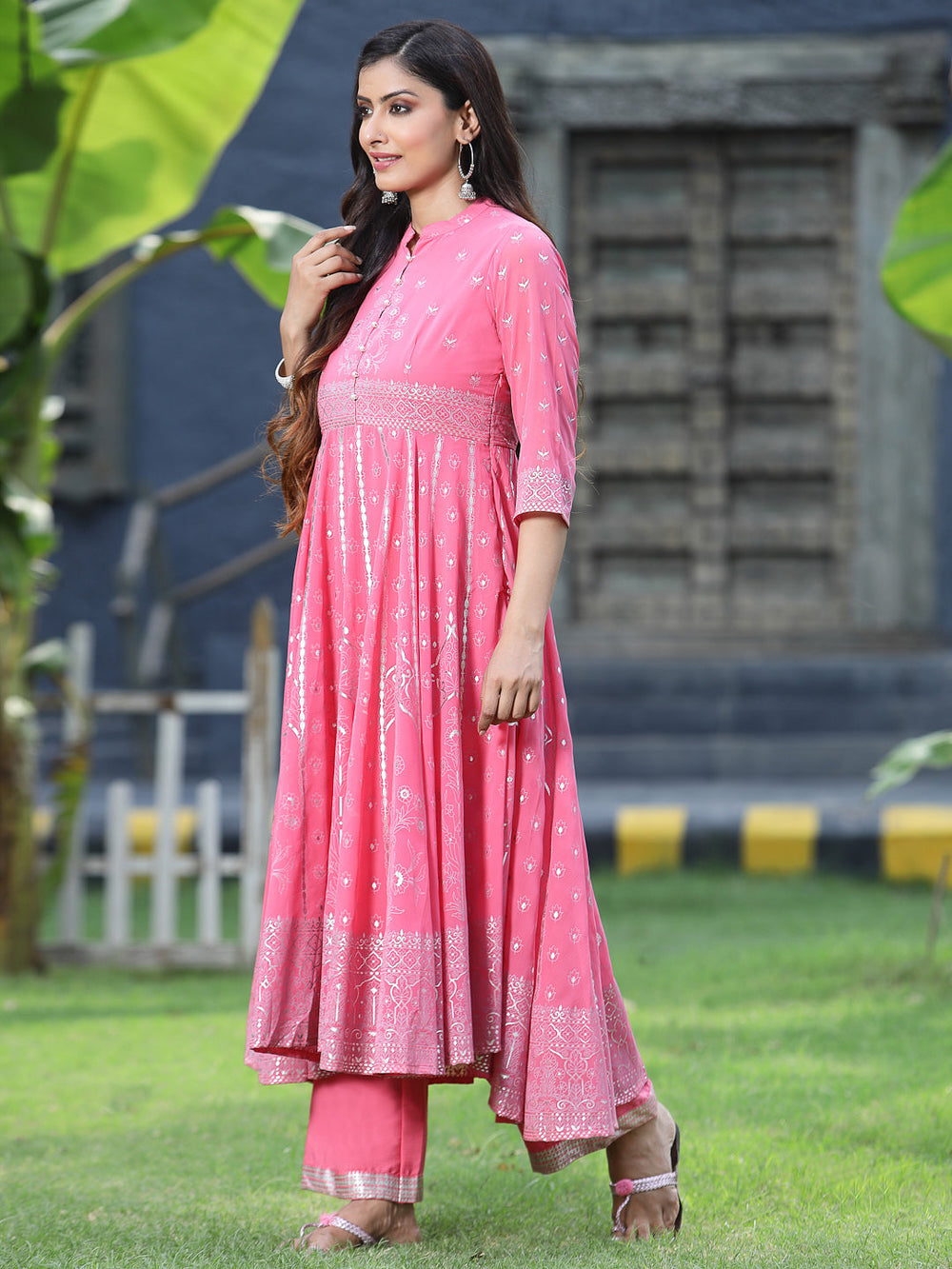 Juniper Women's Coral Georgette Printed Anarkali Kurta Sets - Swadesiicart