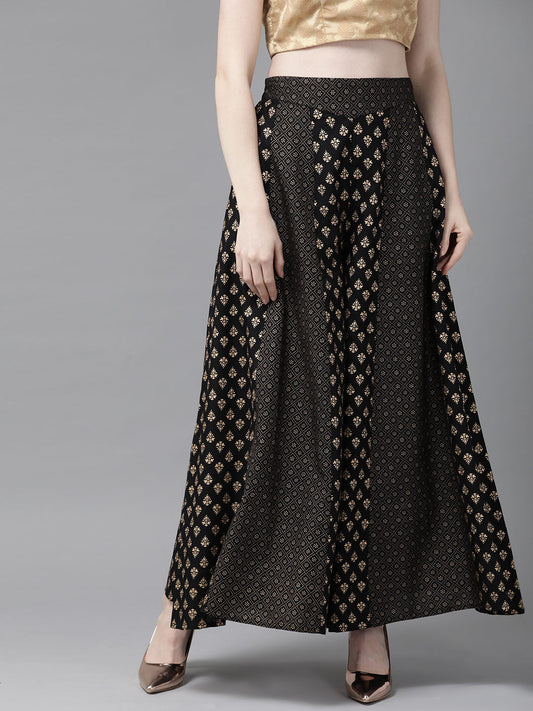 Juniper Women Black Rayon Printed Flared Palazzo | Swadesiicart