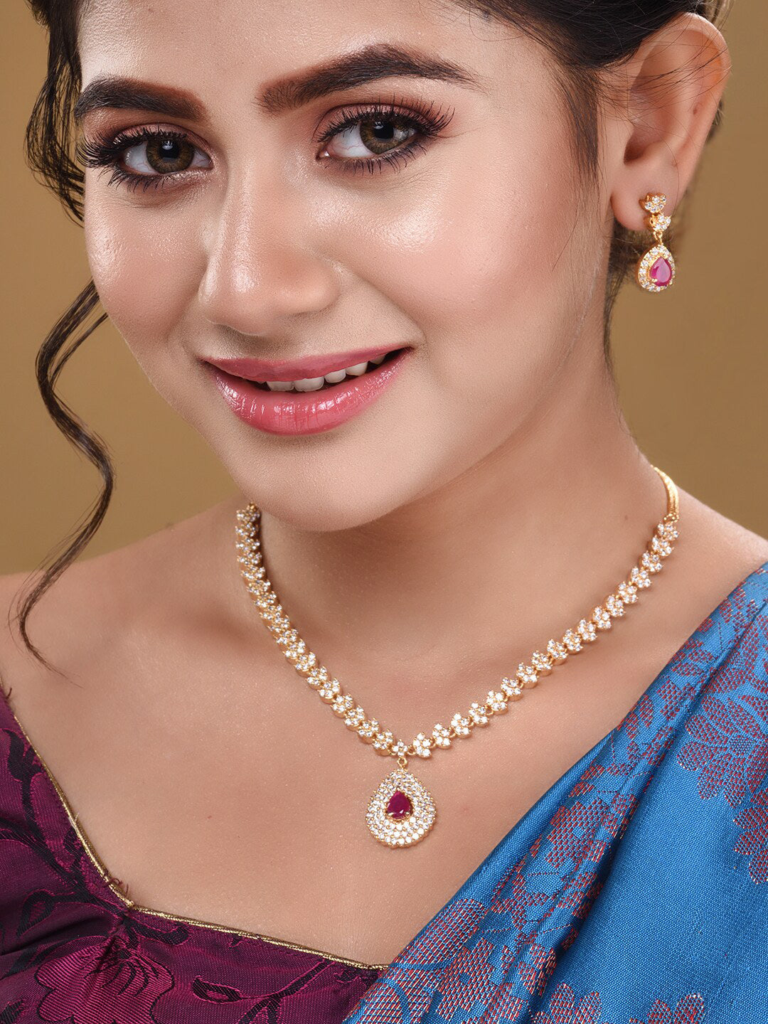 Saraf RS Jewellery Gold-Polished White & Red American Diamond Studded & Beaded Handcrafted Jewellery Set - Swadesiicart