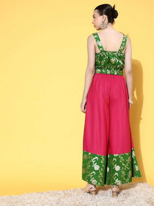 InWeave Women's Green Brocade Strappy Top W Fuchsia Green Brocade Palazzo Set - Swadesiicart