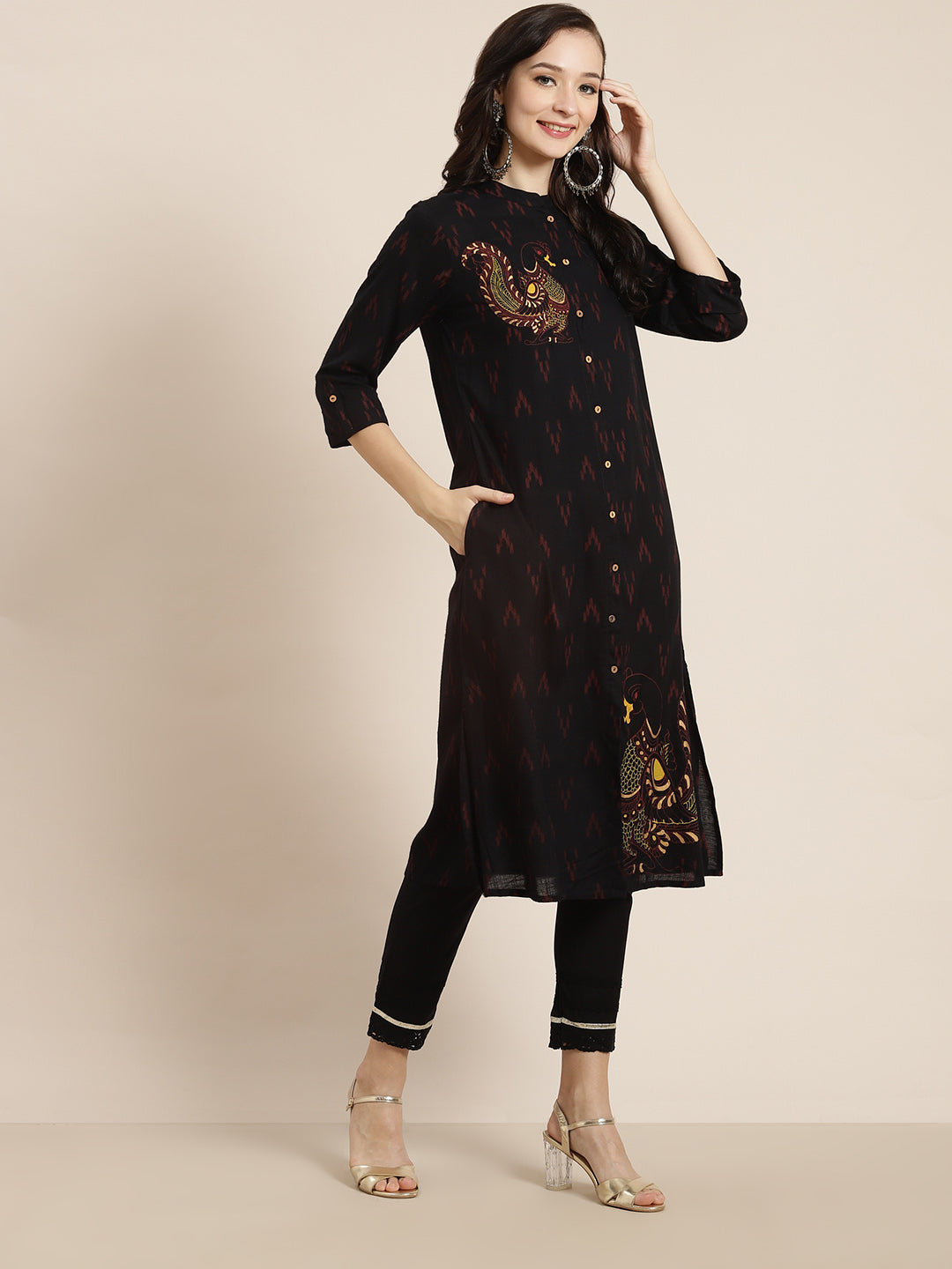 Juniper Womens M-Black Rayon Slub Printed Kurta