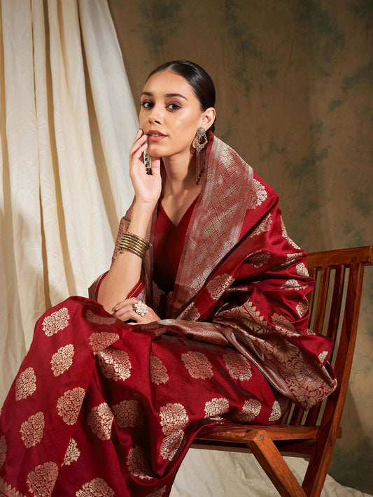 Sangria Red Ethnic Motifs Woven Design Zari Banarasi Saree | Swadesiicart