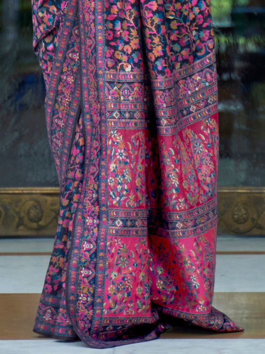 Mitera Navy Blue & Pink Floral Zari Silk Blend Banarasi Saree | Swadesiicart