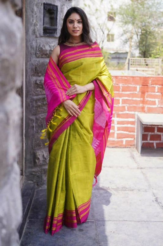 Very Much Indian Handloom Cotton Viscose Ilkal Saree - Bright Green | Swadesiicart