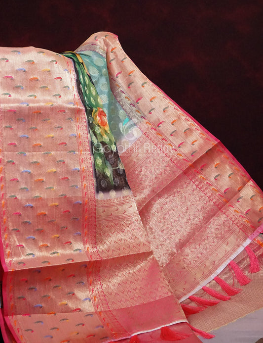 Green and Pink Banaras Border Floral Design Banarasi Semi Silk Saree By Gayathri Reddy Designer Studio | Swadesiicart