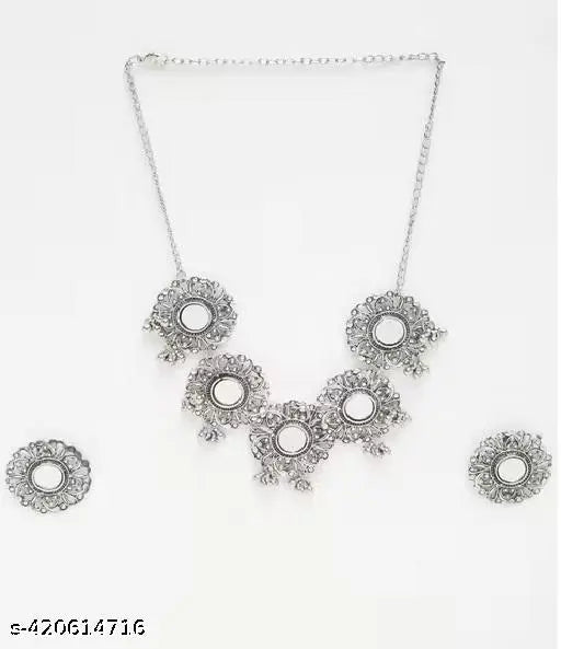 Tehzeeb Creations Women's Silver Plated Oxidised Necklace Set With Bracelet - Swadesiicart