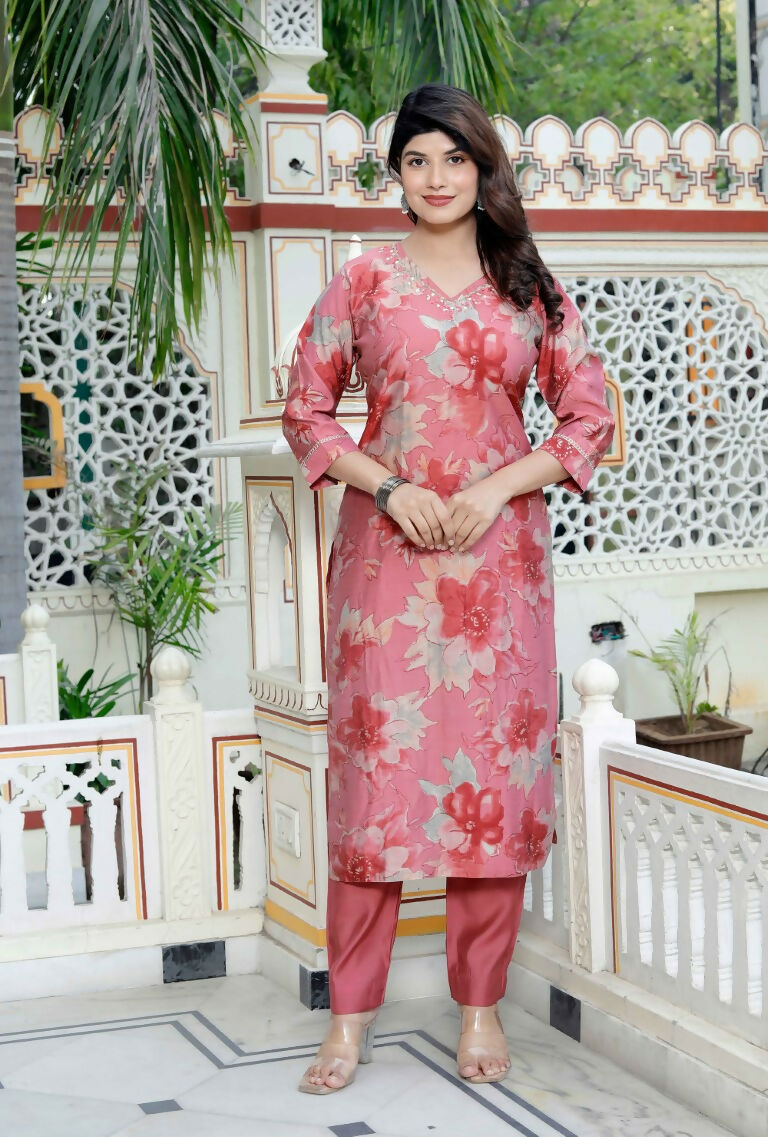 Miravan Women's Muslin Pink V-Neck Embroidered Kurta with Palazzo and Dupatta - Swadesiicart