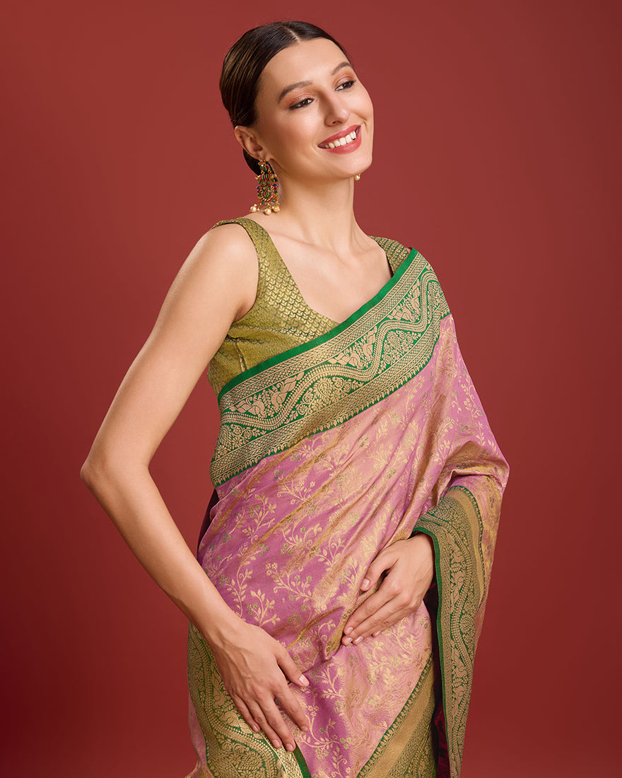 Monjolika Fashion Glamour And Tradition With This Rose Pink Color Zari Woven Banarasi Tissue Silk Saree | Swadesiicart