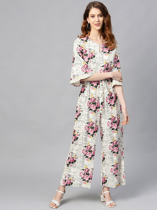 Juniper Women Offwhite Rayon Slub Printed Regular Jumpsuit - Swadesiicart