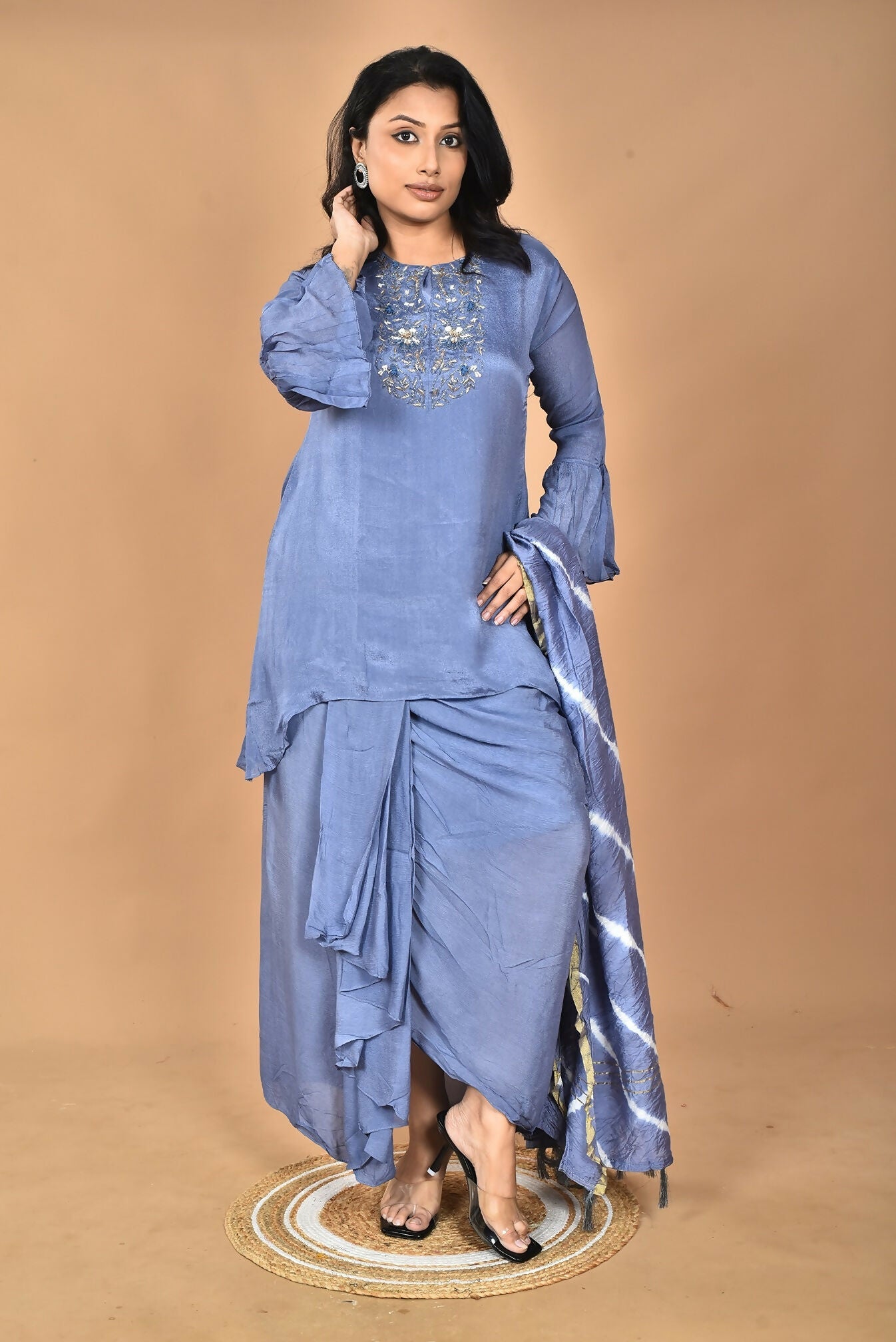 Morchari Women And Hand Embroidery Palazzo Set-Grey - Swadesiicart