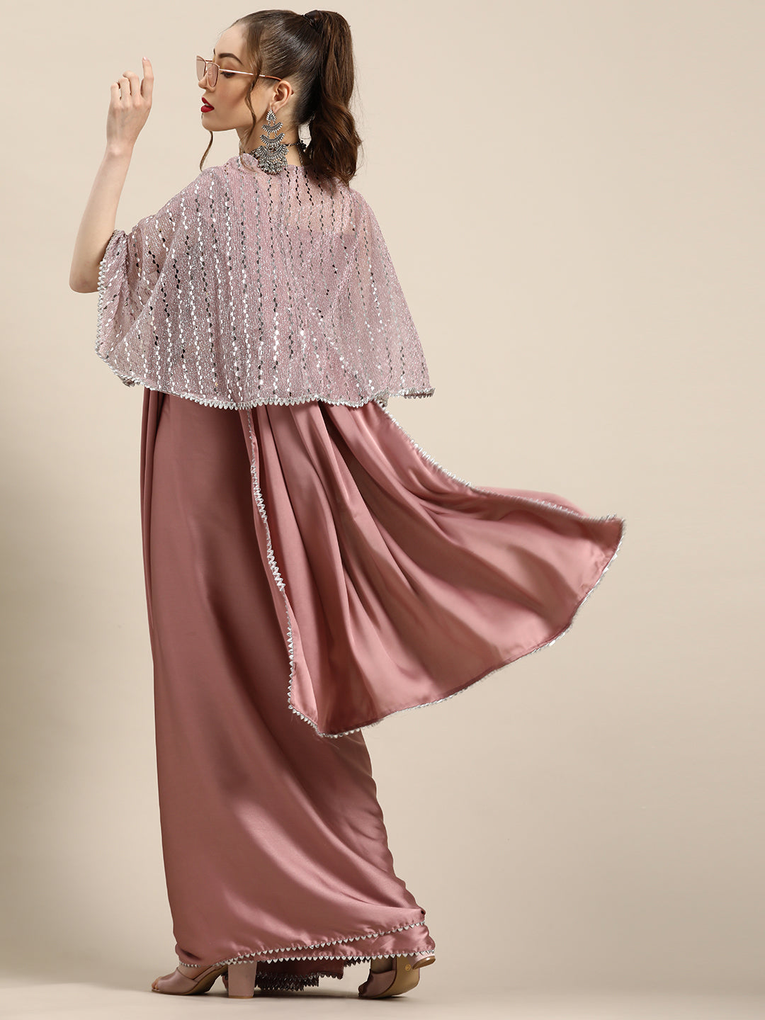 Tikhi Imli Trendy Mauve Sleek Poly Crepe Swadesiicart with Embellished Border & Cape