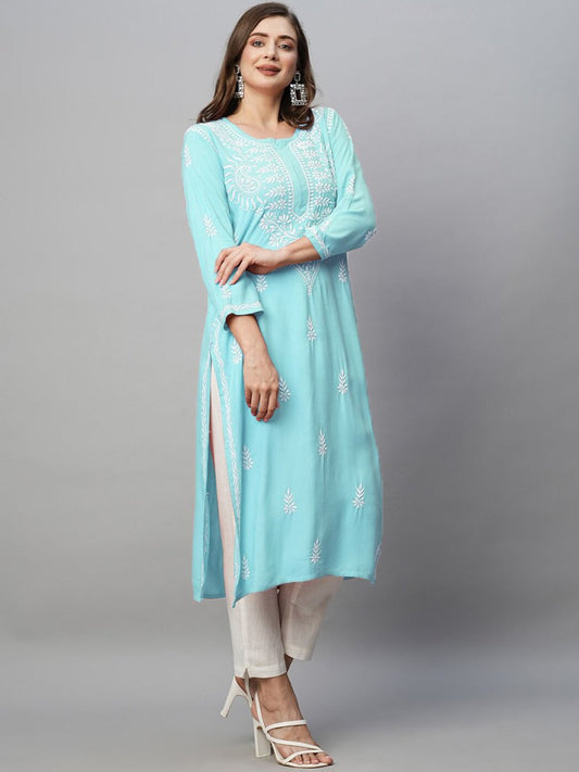 ADA Ethnic Motifs Embroidered Chikankari Cotton Kurta | Swadesiicart