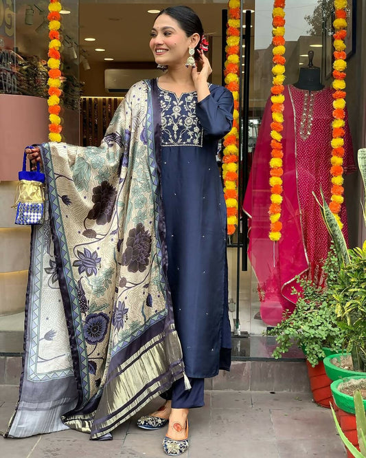 The52 Navy Blue Women's Beautiful Viscose Chanderi Fabric Embroidered Work Straight Kurta Pant and Dupatta Set - Swadesiicart
