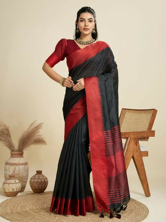 Vishnu Weaves Women's Black Raw Silk Thread Woven Saree with Blouse - Swadesiicart