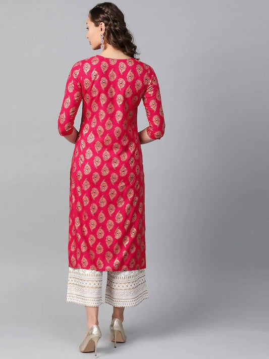 Indian Clothing Anubhutee Pink & Golden Printed Straight Kurta - Swadesiicart