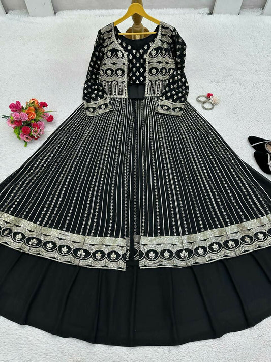Jyoti Fashion Women's Black Faux Georgette Sequins with Thread Embroidered Designer Lehenga Choli with Shrug Set | Swadesiicart