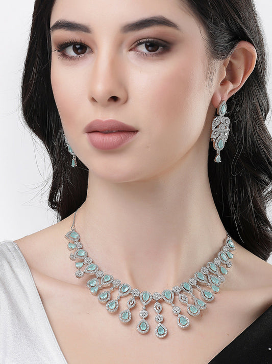 NVR Women's silver plated Turquoise CZ stone handcrafted jewellery set - NR Retail-NVR