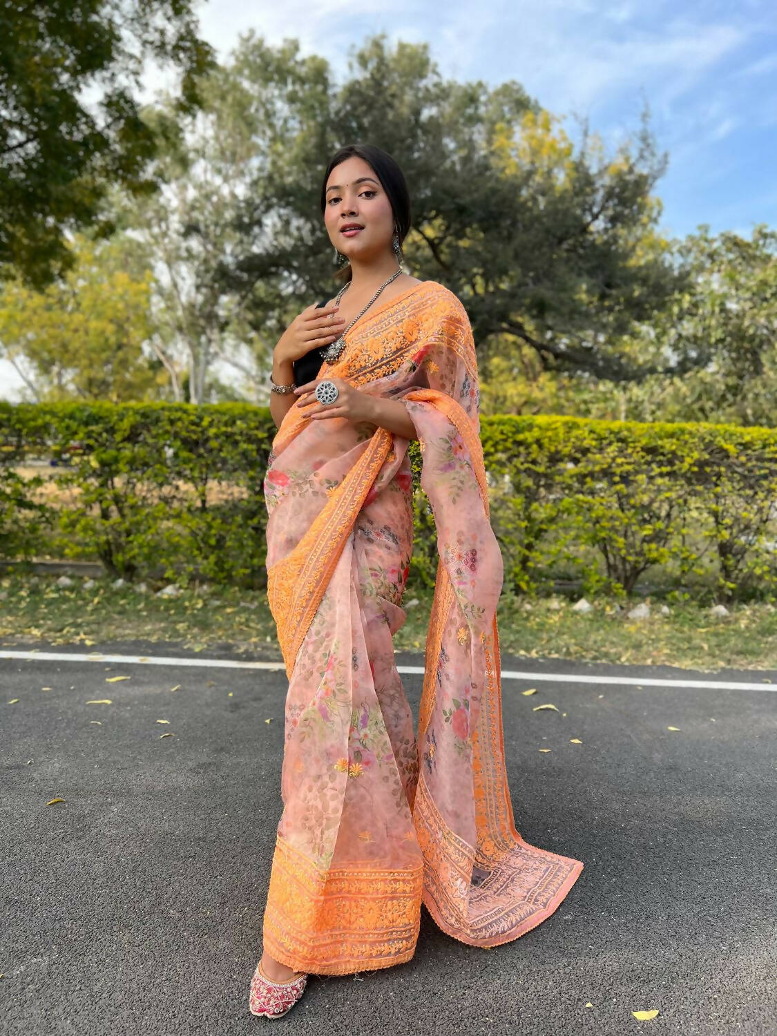 Vamsee Orange Organza Saree - Swadesiicart