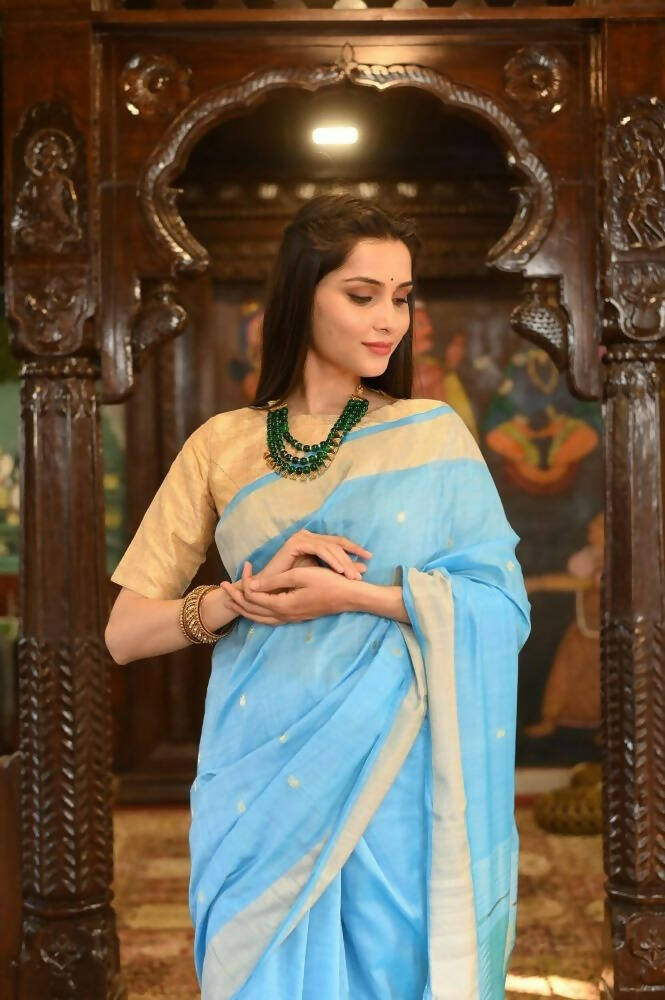 Very Much Indian Handloom Pure Cotton Paithani Peacock Pallu-Sky Blue | Swadesiicart