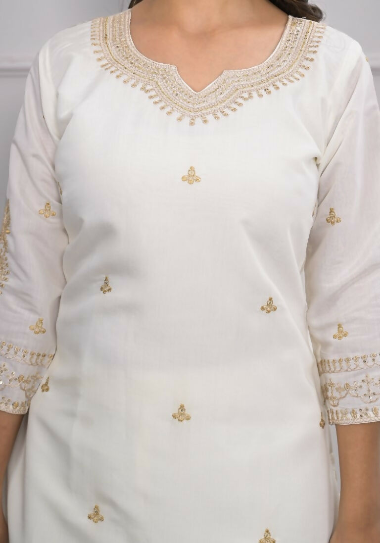 White Viscose Silk Embroidery with Thread and sequence Stitched Suit With Dupatta - Tanisha | Swadesiicart