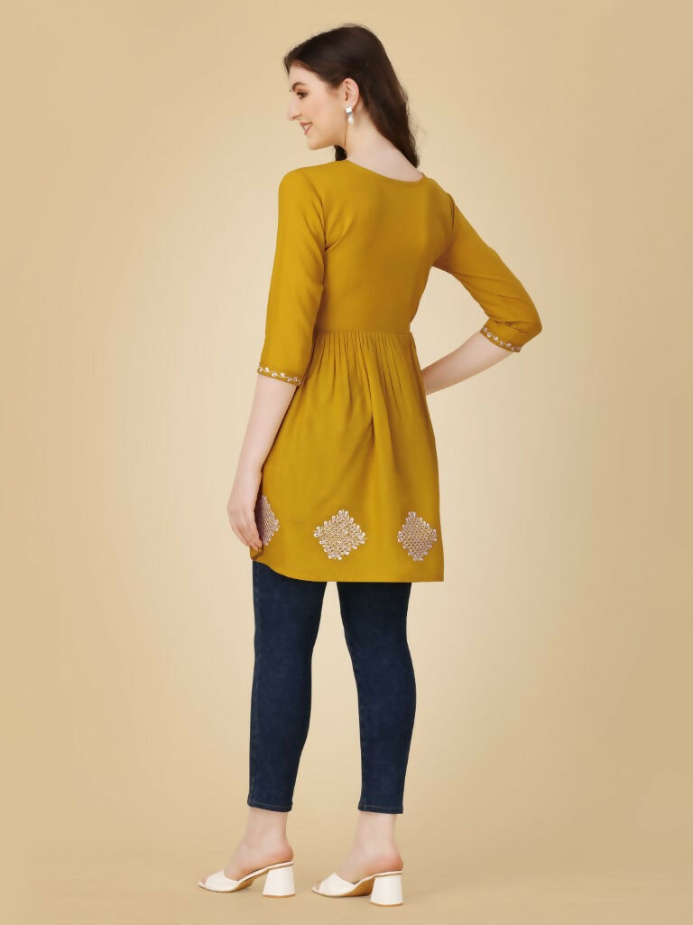 Jyoti Fashion Women's Mustard Viscose Rayon Embroidered Casual Top | Swadesiicart