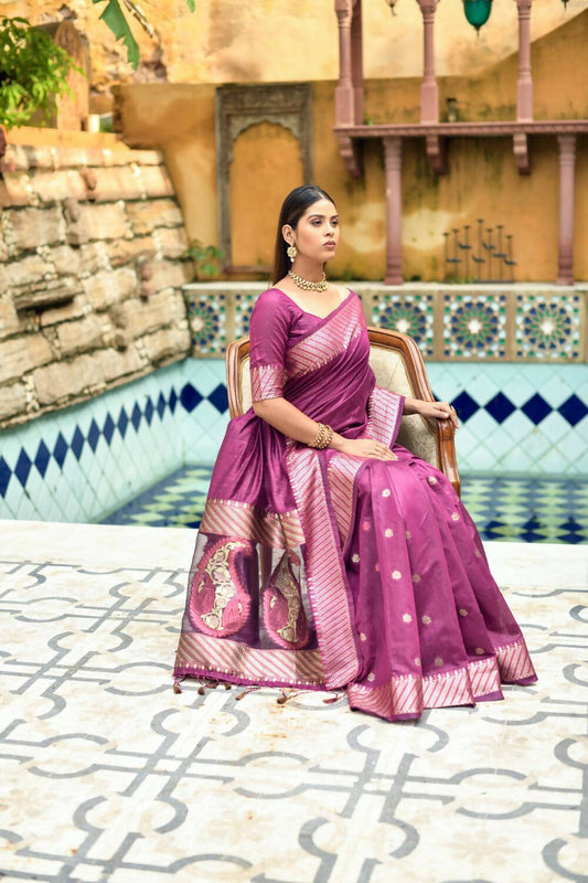 Vishnu Weaves Women's Wine Cotton Silk Zari Woven Butta Work Saree with Blouse - Swadesiicart