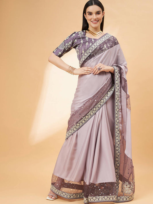 Mauve Silk Georgette Ribbon Embroidery Saree - Norita Hit Design - Swadesiicart