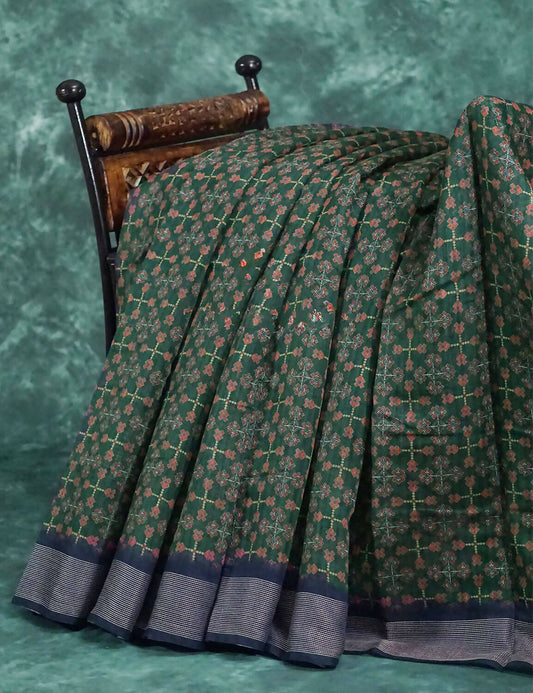 Dark Green and Navy Blue Geometrical Print Semi Chanderi Saree By Gayathri Reddy Designer Studio | Swadesiicart