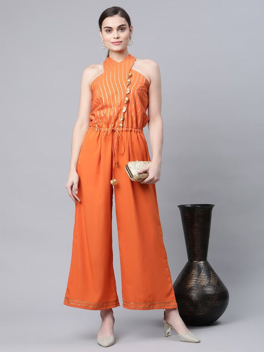 Ahalyaa Womens Orange Crepe Gold Stripped Print Jumpsuit - Swadesiicart