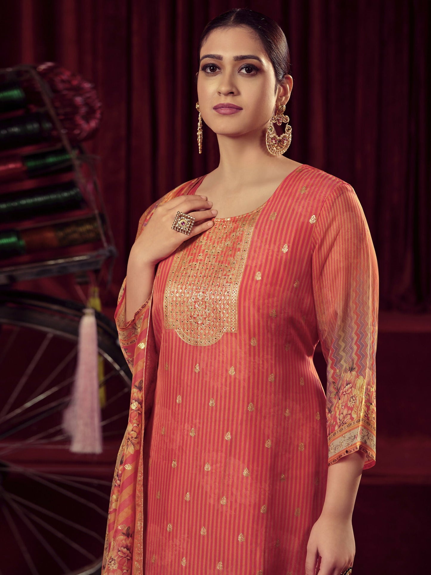Jyoti Fashion Women's Orange Organza Jacquard Woven Kurta with Trouser & Dupatta | Swadesiicart