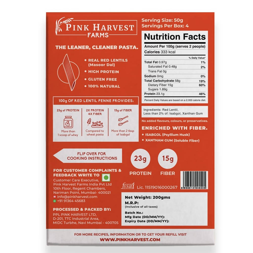 Pink Harvest Red Lentil Penne Pasta - Swadesiicart