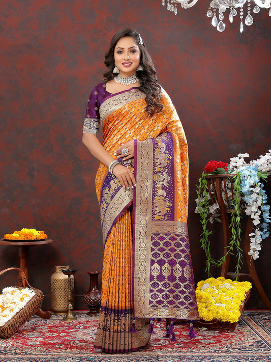 Lorenvalley Fashion Orange & Wine Patola Silk Woven Design Meenakari Weaving Saree - Swadesiicart