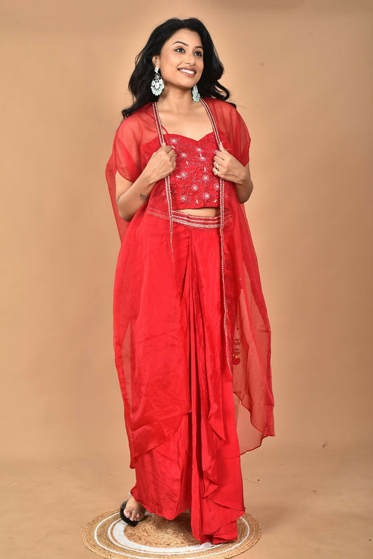 Morchari Women Hand Embroidery Crop Top-Red