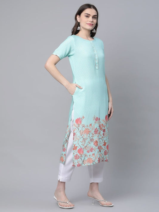 Ahalyaa Women Sky Blue Rayon Printed Kurta Pant Set | Swadesiicart