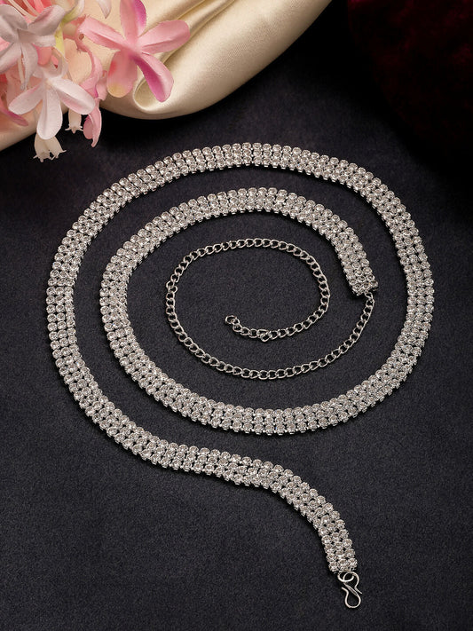 NVR Women's Silver-Plated AD-Studded 3 Layered Kamarbandh Waist Chain | Swadesiicart