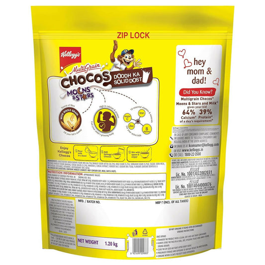 Kellogg's Multigrain Chocos Moons & Stars, High In Calcium & Protein,Essential Vitamins,Iron & Immuno Nutrients