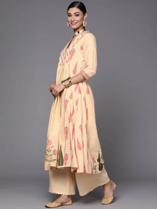 Ahalyaa Women Cream-Coloured & Pink Floral Print Pure Cotton Anarkali Kurta with Palazzos | Swadesiicart