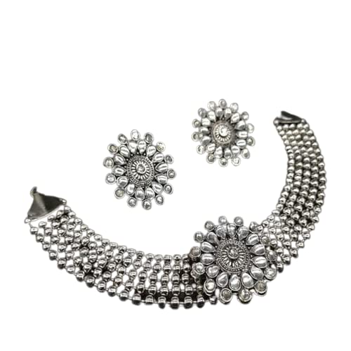 Tehzeeb Creations Women's Silver Colour Oxidised Necklace And Earrings With Kundan - Swadesiicart