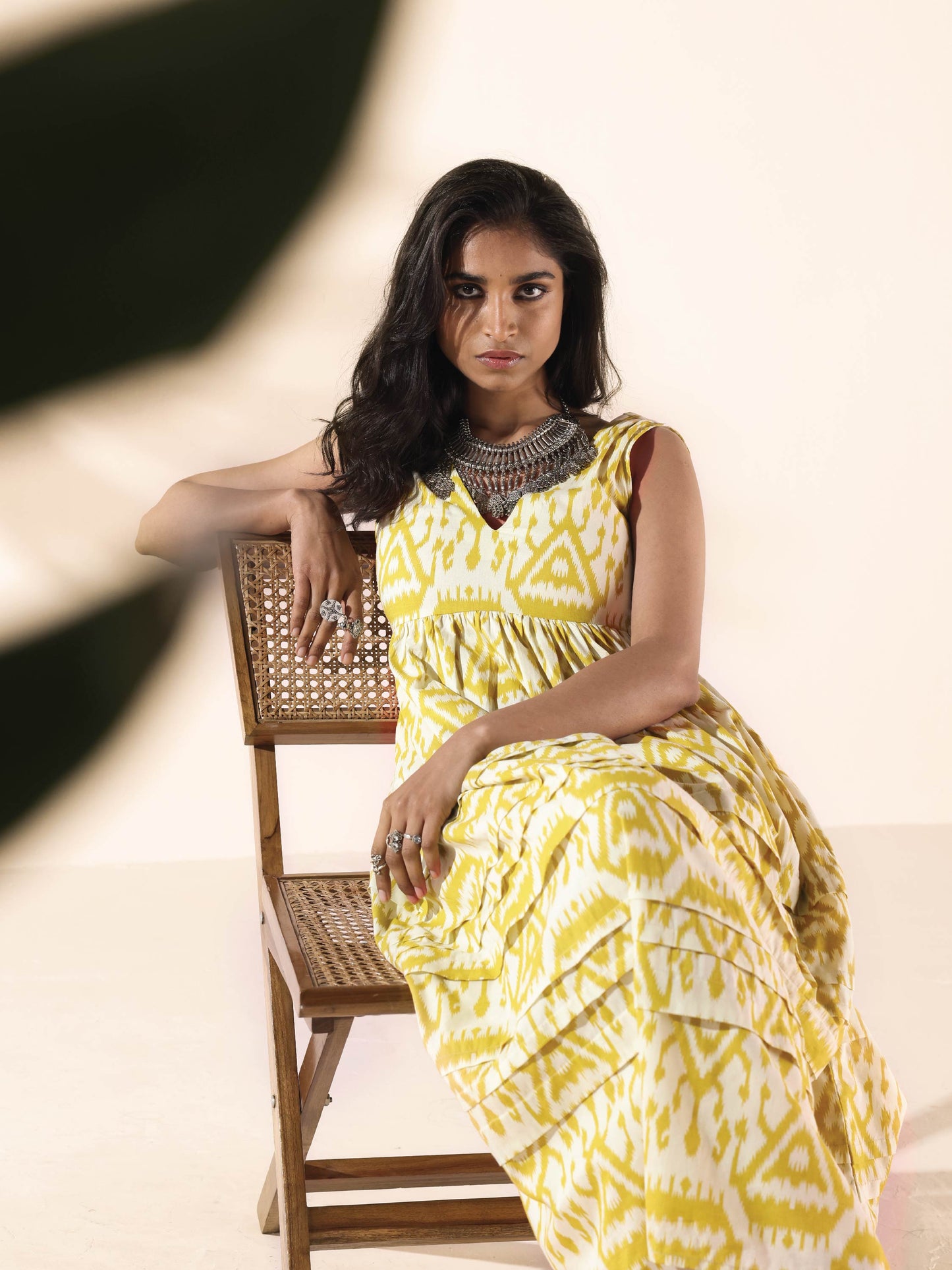 trueBrowns Lime Cotton Ikat Sleeveless Flared Dress | Swadesiicart