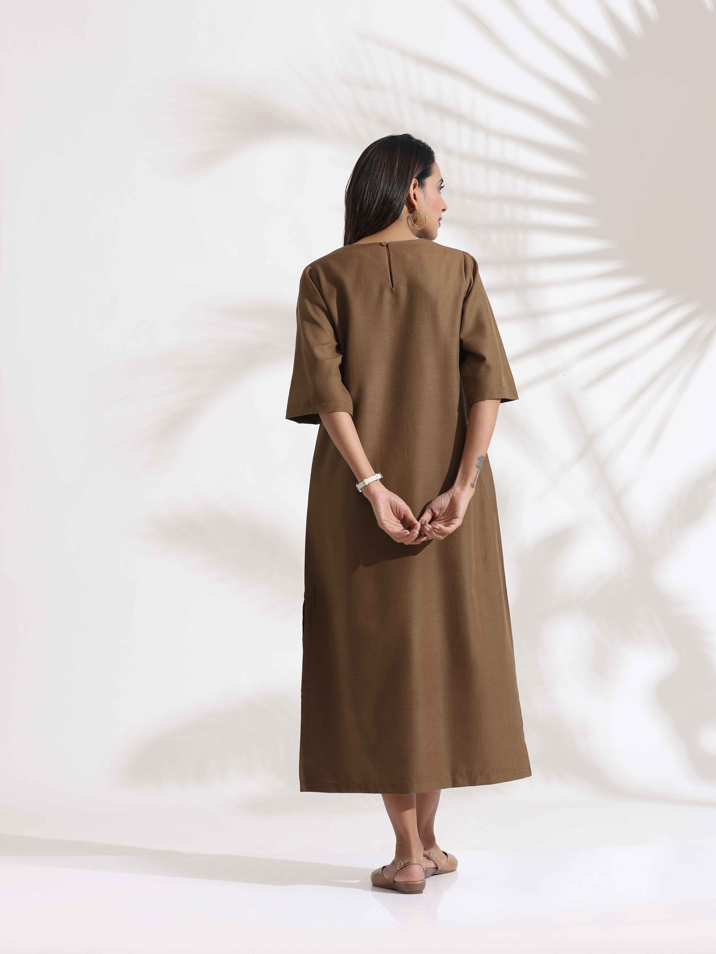 trueBrowns Brown Slub Dress | Swadesiicart