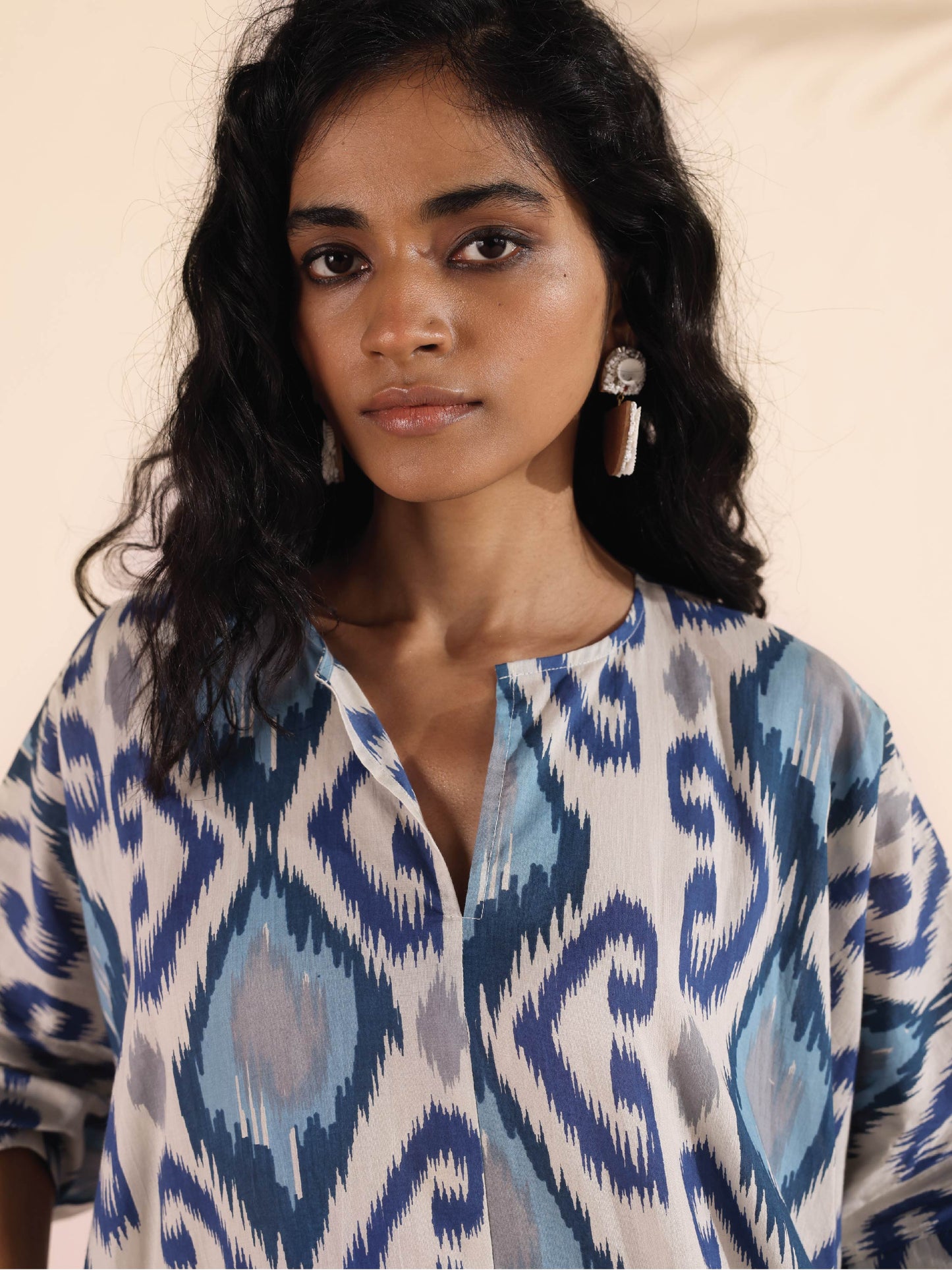 trueBrowns Blue Cotton Ikat Kaftan Co-ord Set - Swadesiicart