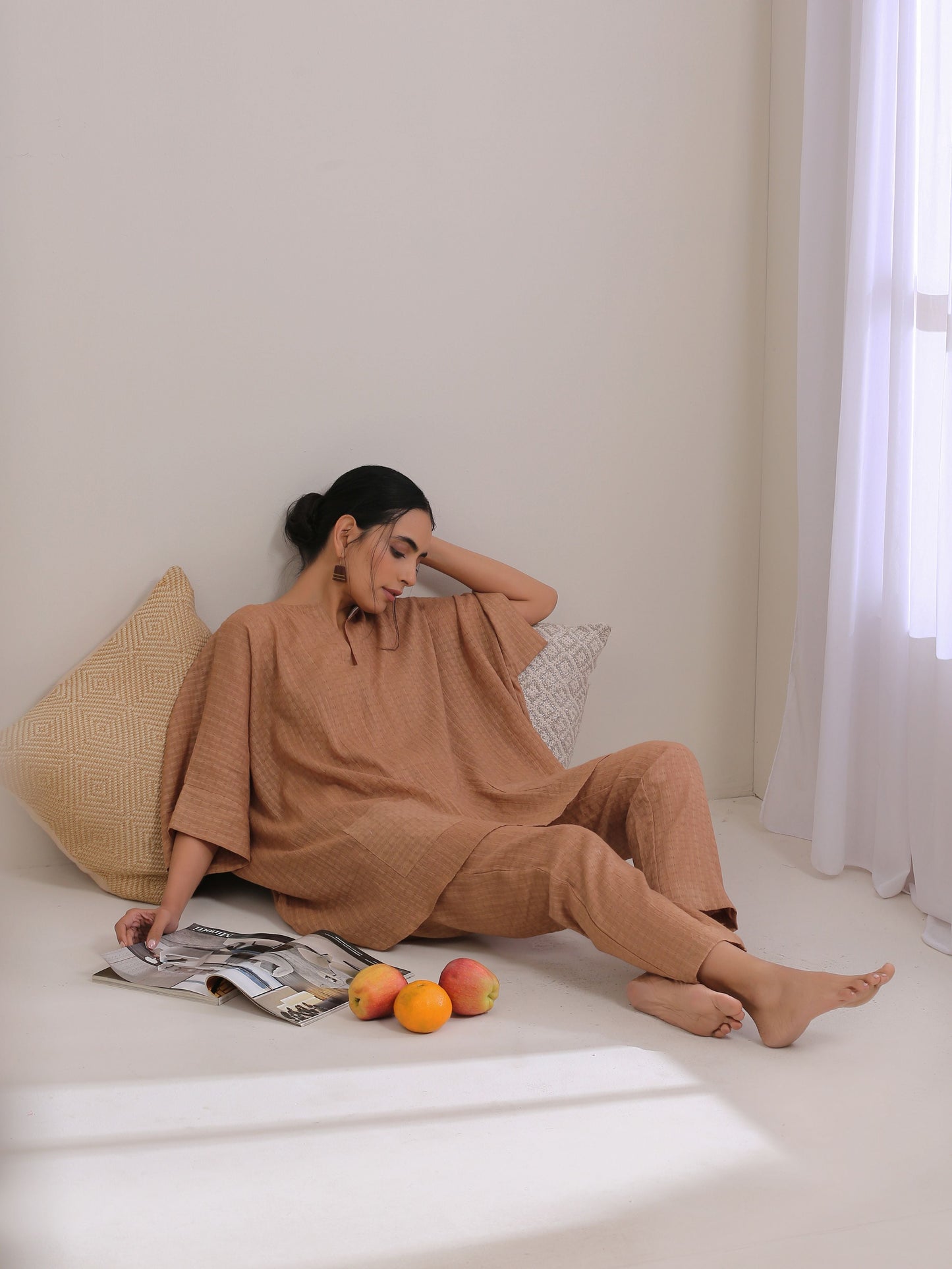 trueBrowns Beige Dobby Boxy Fit High-Low Co-Ord Set - Swadesiicart