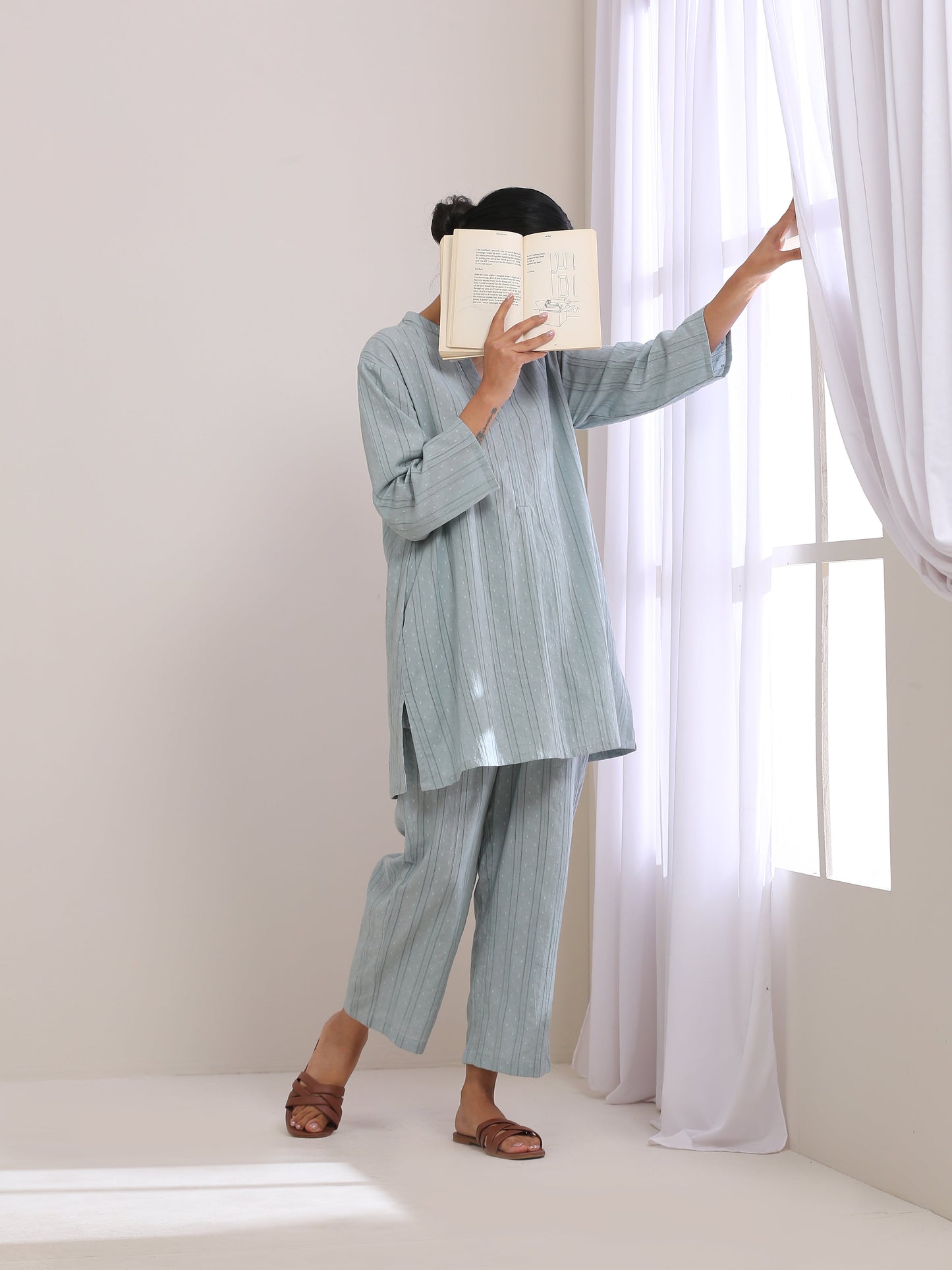 trueBrowns Eggshell Blue Dobby Relaxed Fit Co-Ord Set - Swadesiicart