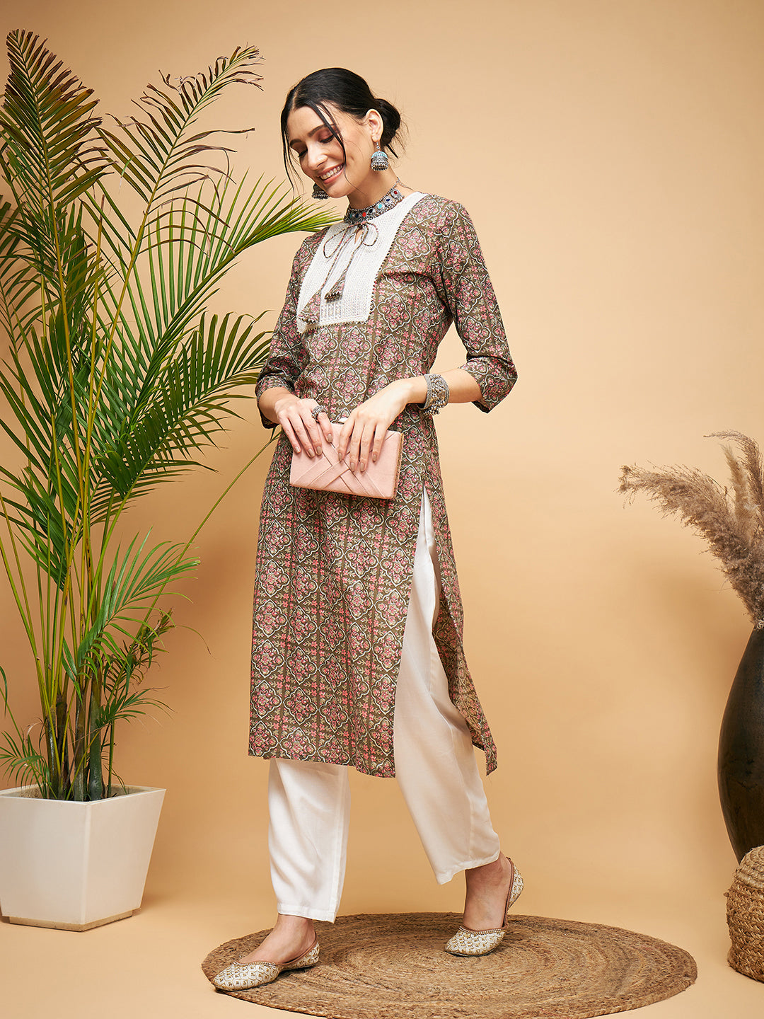 InWeave Women's Green Red Ajrakh Print Cotton Patch Work Straight Kurta - Swadesiicart