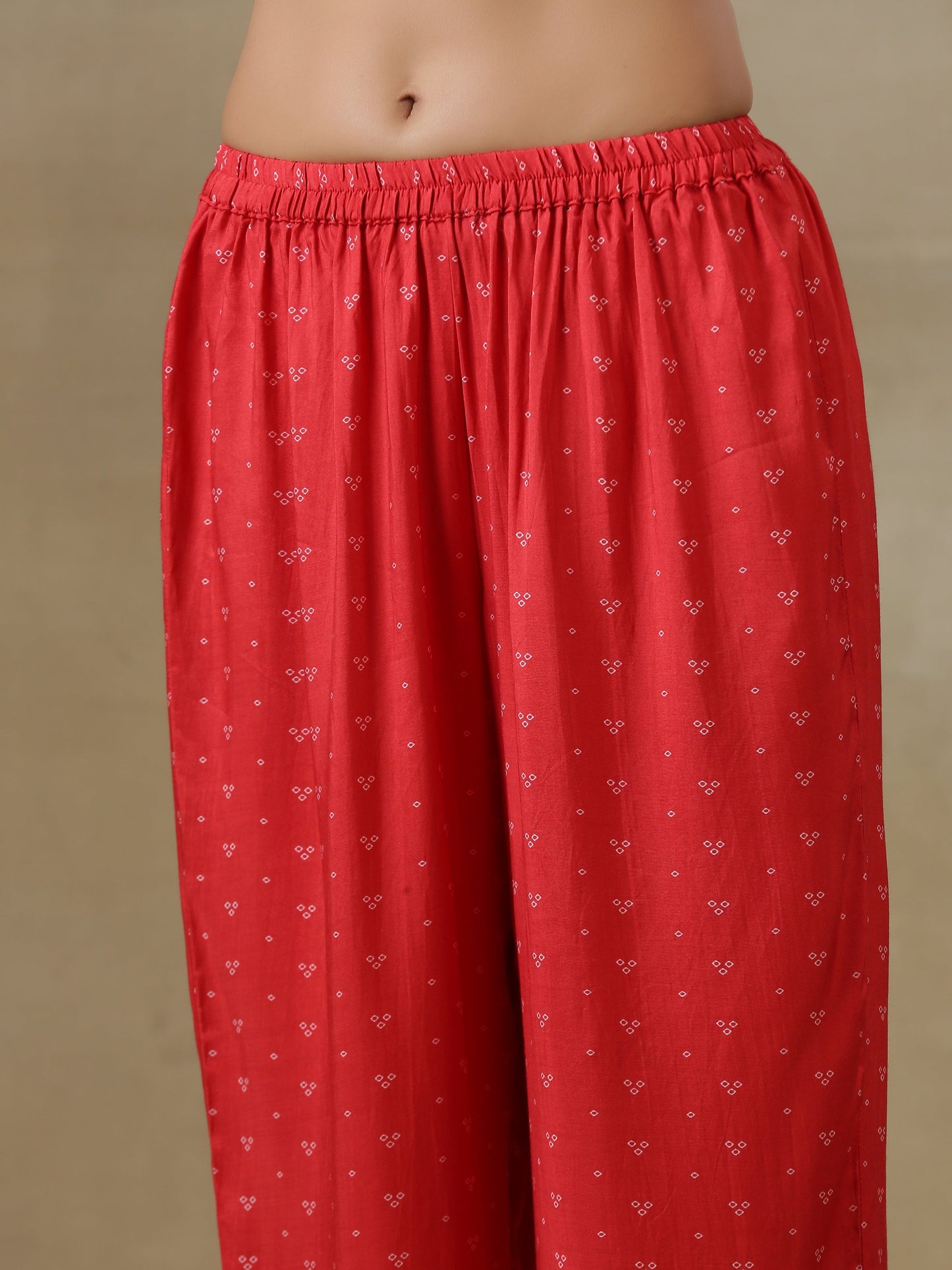 trueBrowns Red Bandhani Printed Silk Long Kurta Pant Set | Swadesiicart
