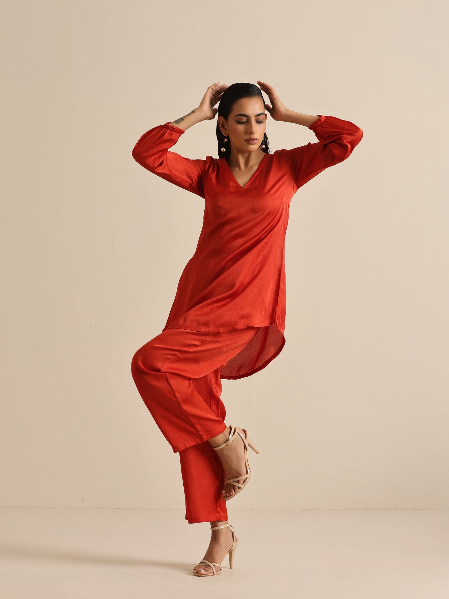 trueBrowns Rust Silk Blend Short Co-Ord Set - Swadesiicart